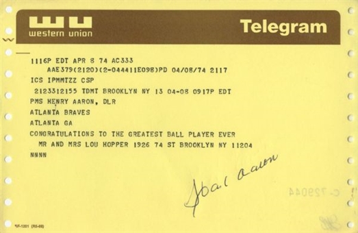 Hank Aaron Signed Western Union Telegram dated April 8 1974 (HR # 715) 